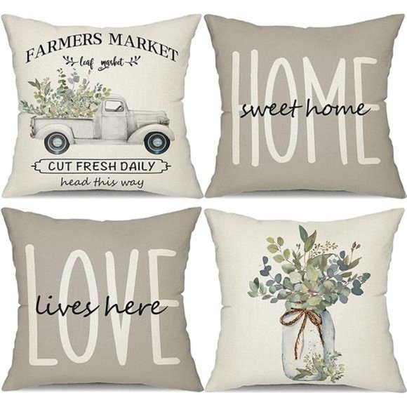 Farmhouse Pillow Covers 18x18 Set of 4 Eucalyptus Leaves Decorations Cute Decor - Picture 1 of 6